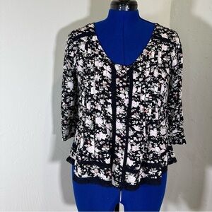 Maeve Black Floral Pleated Blouse with Pink and White Flowers